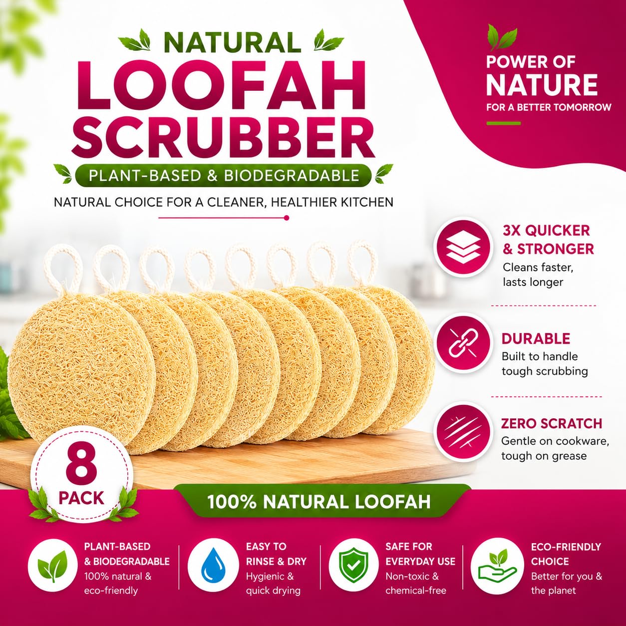 Round Natural Loofah Utensil Scrubber Pack of 8