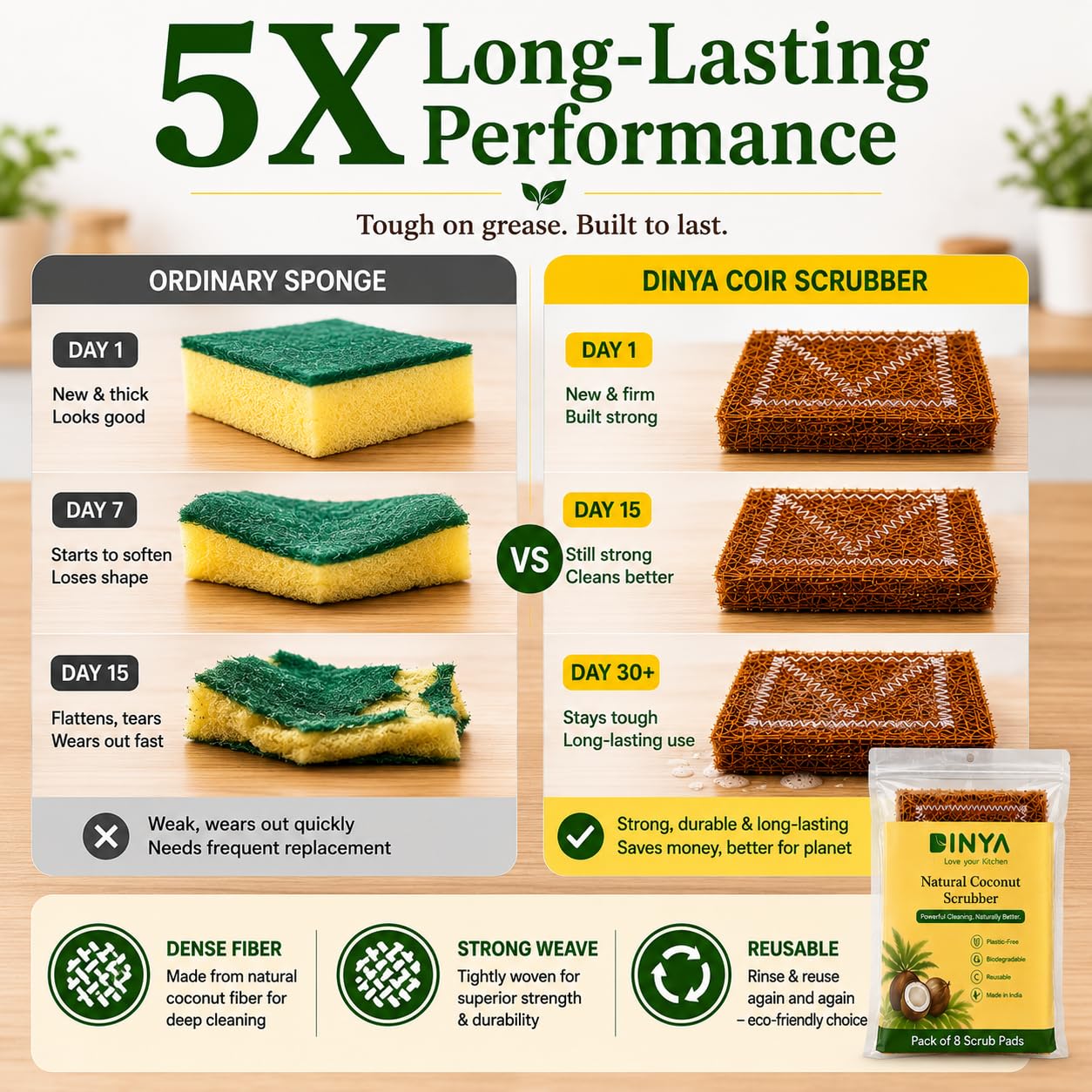 5x long coconut coir dish washing scrub pads
