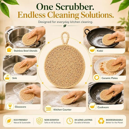 Round Natural Loofah Kitchen Scrubber Pack of 10 | Eco-Friendly Dish Scrubber for Utensils & Vessels