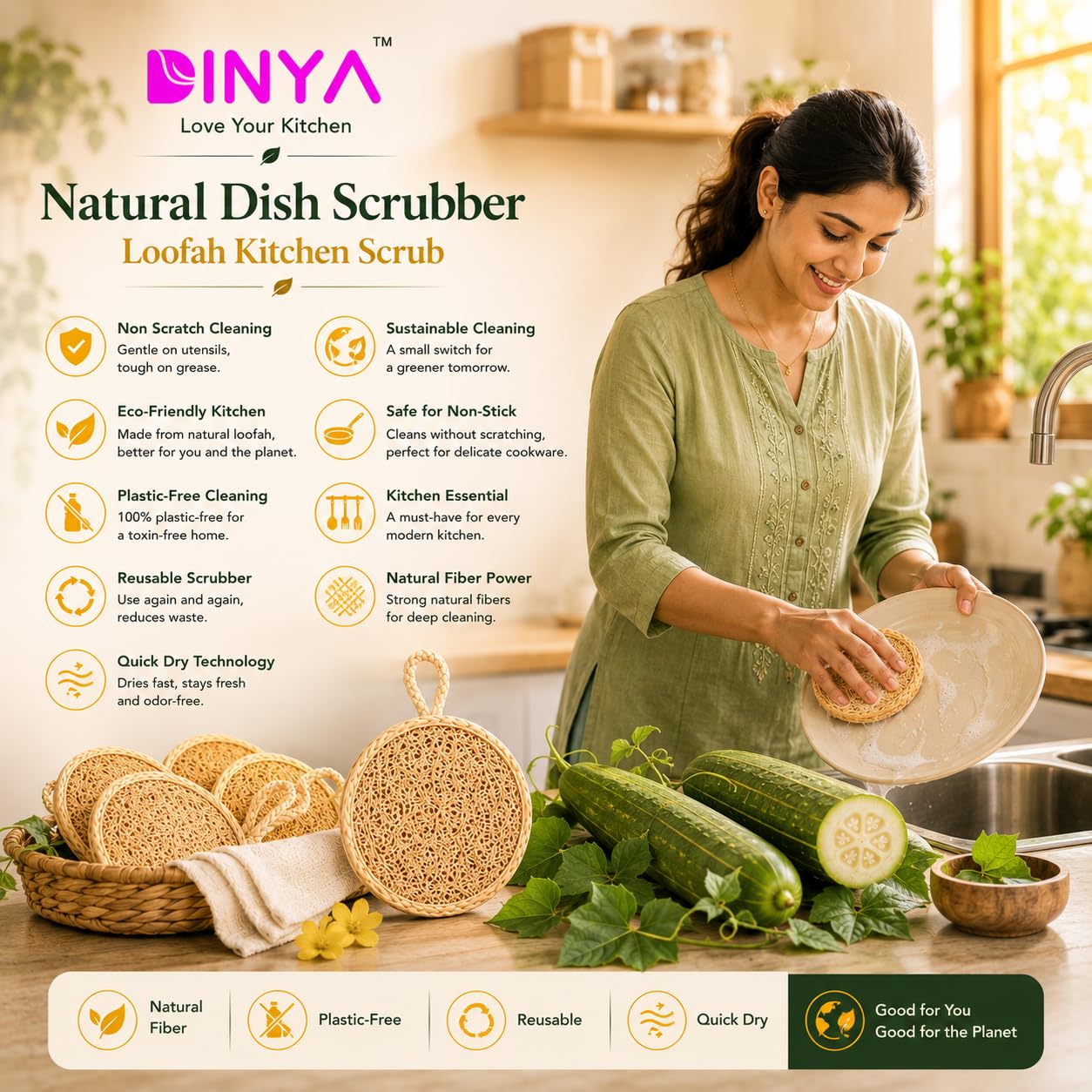 Round Natural Loofah Kitchen Scrubber Pack of 10 | Eco-Friendly Dish Scrubber for Utensils & Vessels