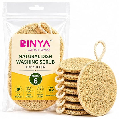 Natural Kitchen Scrubber Pack of 6 | Round Natural Loofah Dish Scrubber
