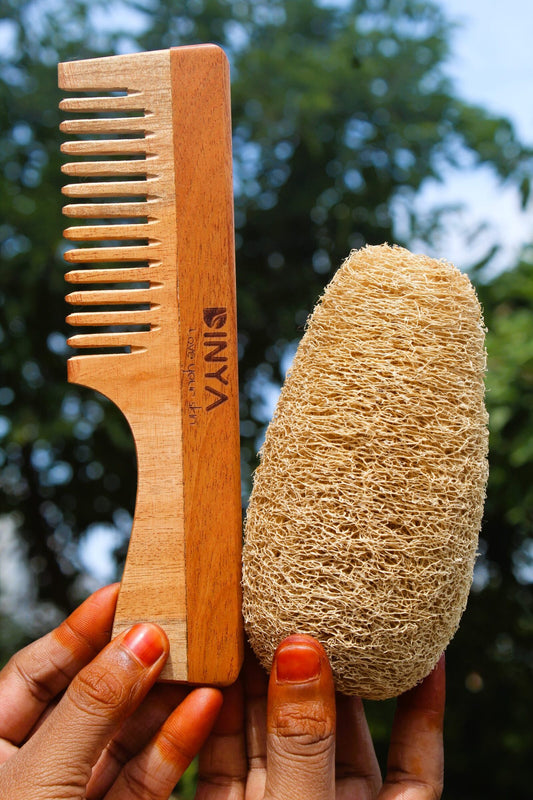Dinya Wide Handle Neem Comb and Loofah Set